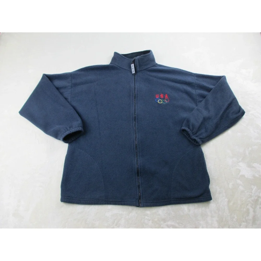 VINTAGE Olympics Sweater Mens 2XL XXL Blue Fleece Full Zip USA 90s*
